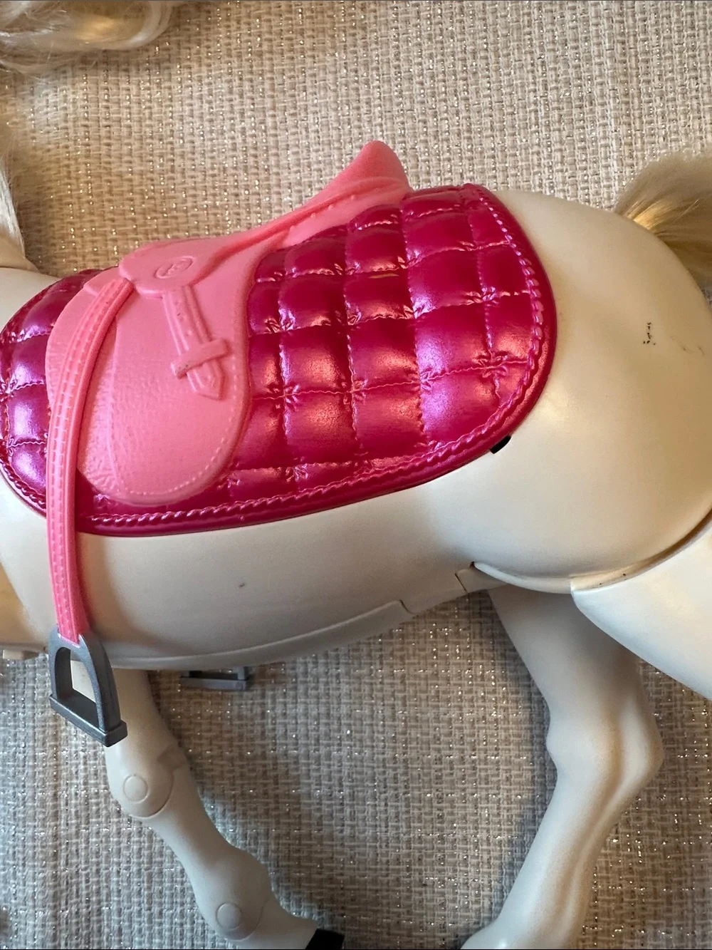 Mattel White Horse Toy with Hot Pink Saddle and Blonde Mane